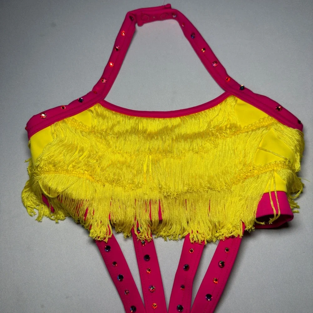 Weissman Elite Leotard Dance Costume‎ Girls MC Yellow Pink Halter Top Fringe